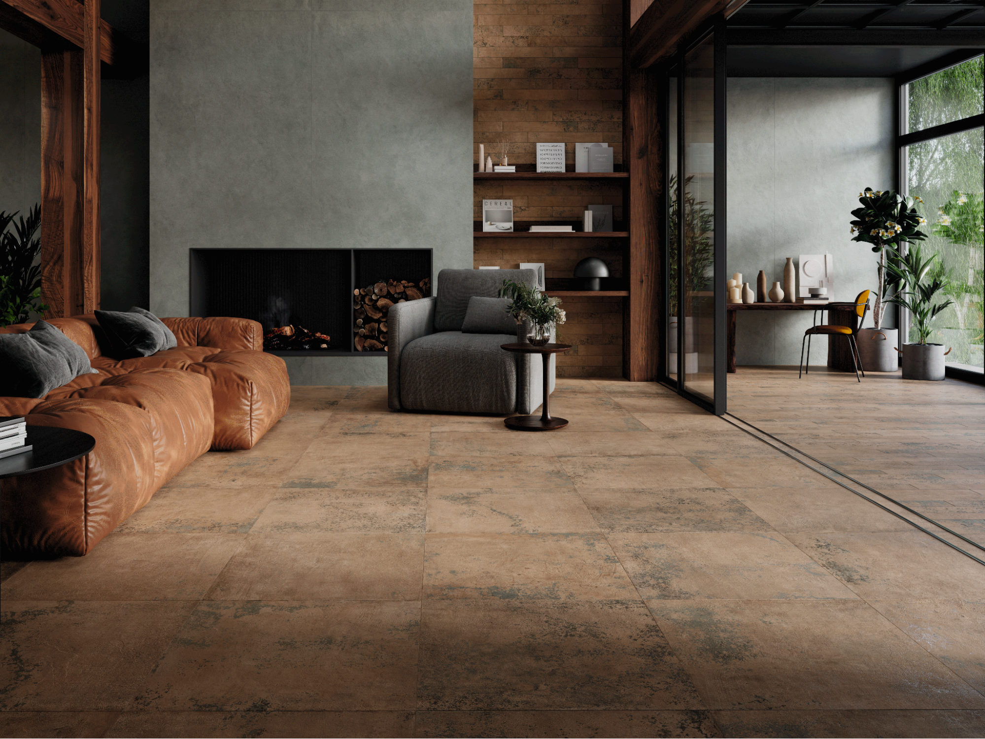 Sal&oacute;n de estilo contempor&aacute;neo con suelo porcel&aacute;nico en tonos c&aacute;lidos