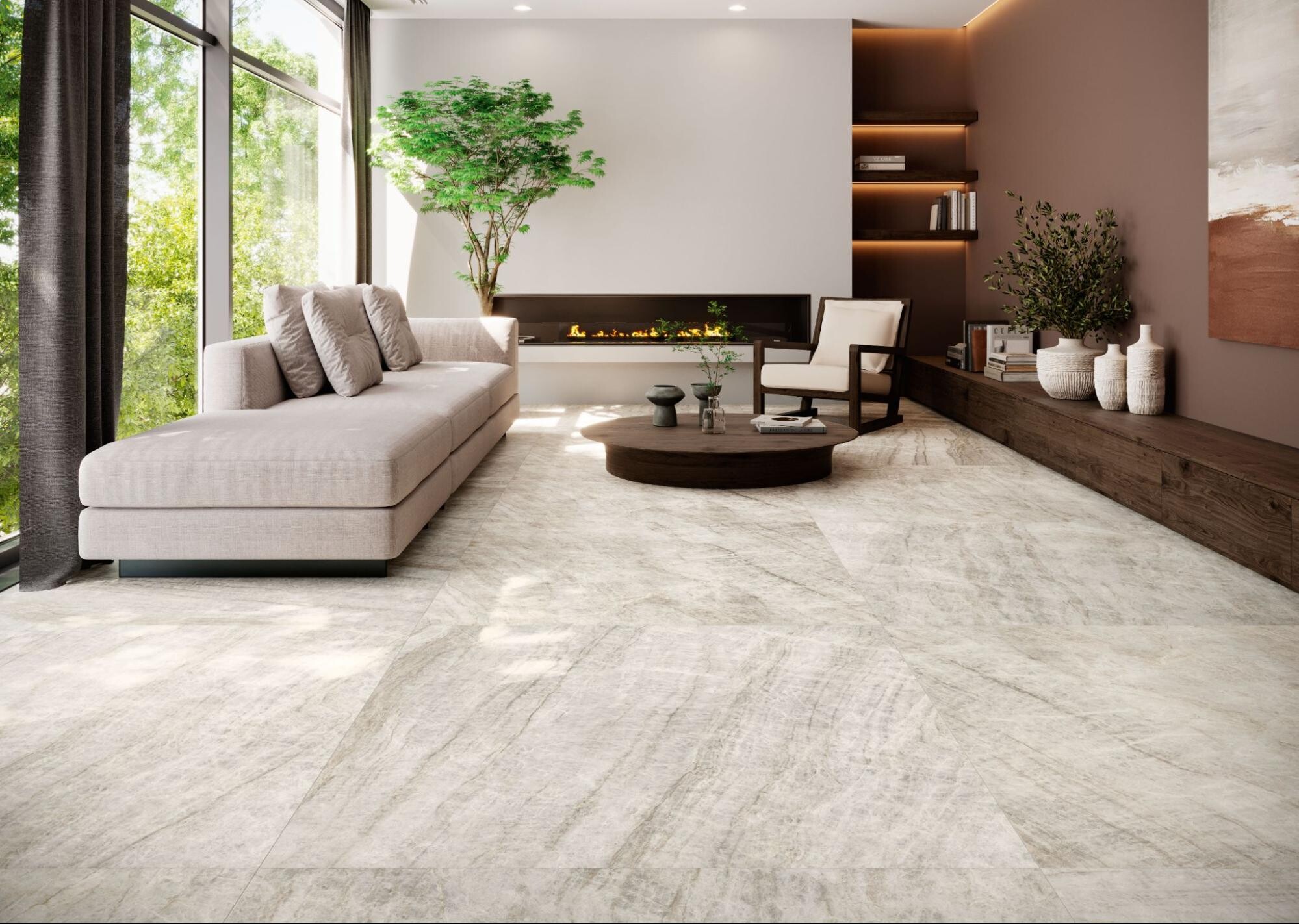 Sal&oacute;n con suelo porcel&aacute;nico de gran formato efecto m&aacute;rmol