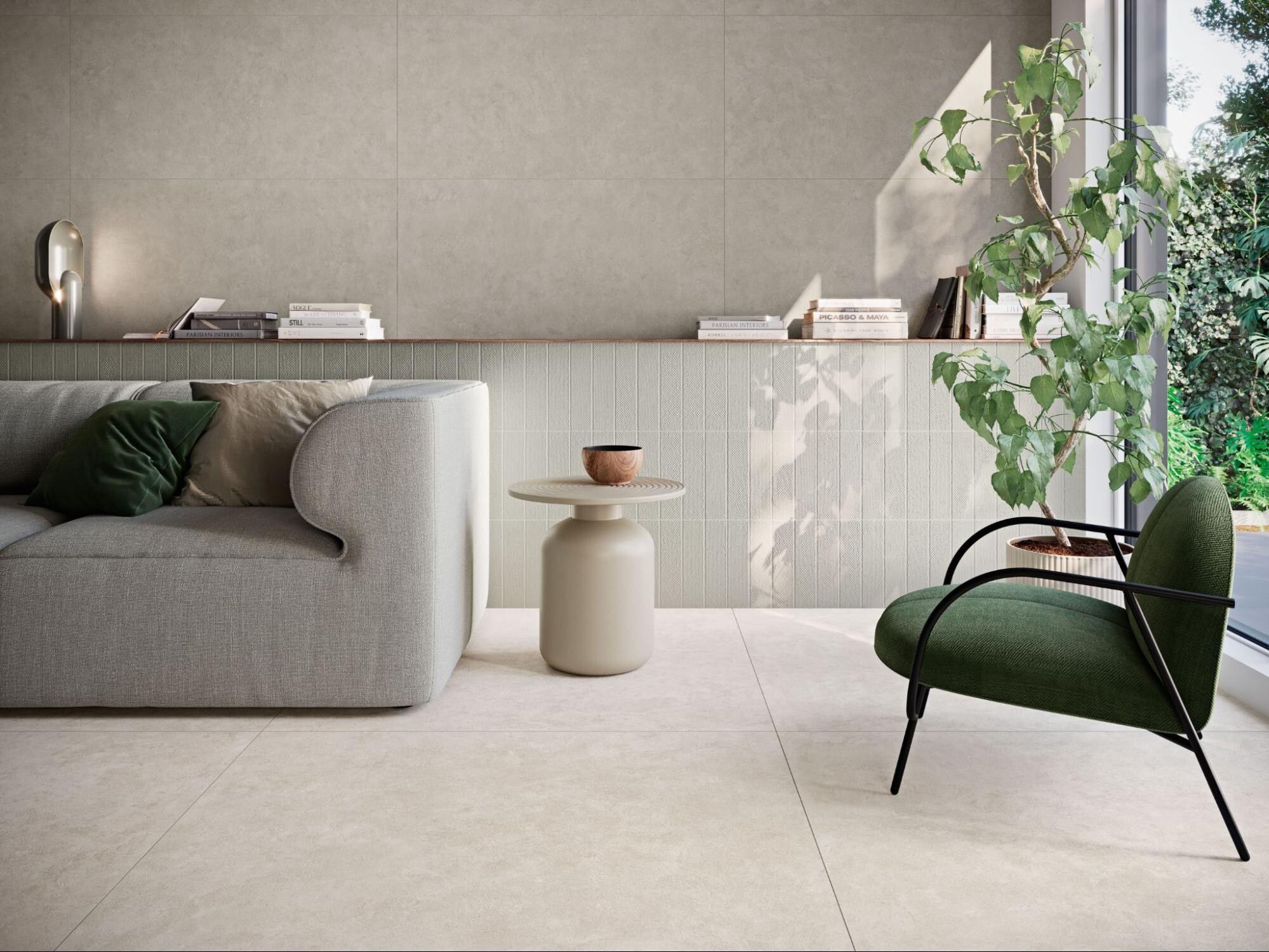 Sal&oacute;n moderno y elegante con pavimento porcel&aacute;nico Grespania Surface