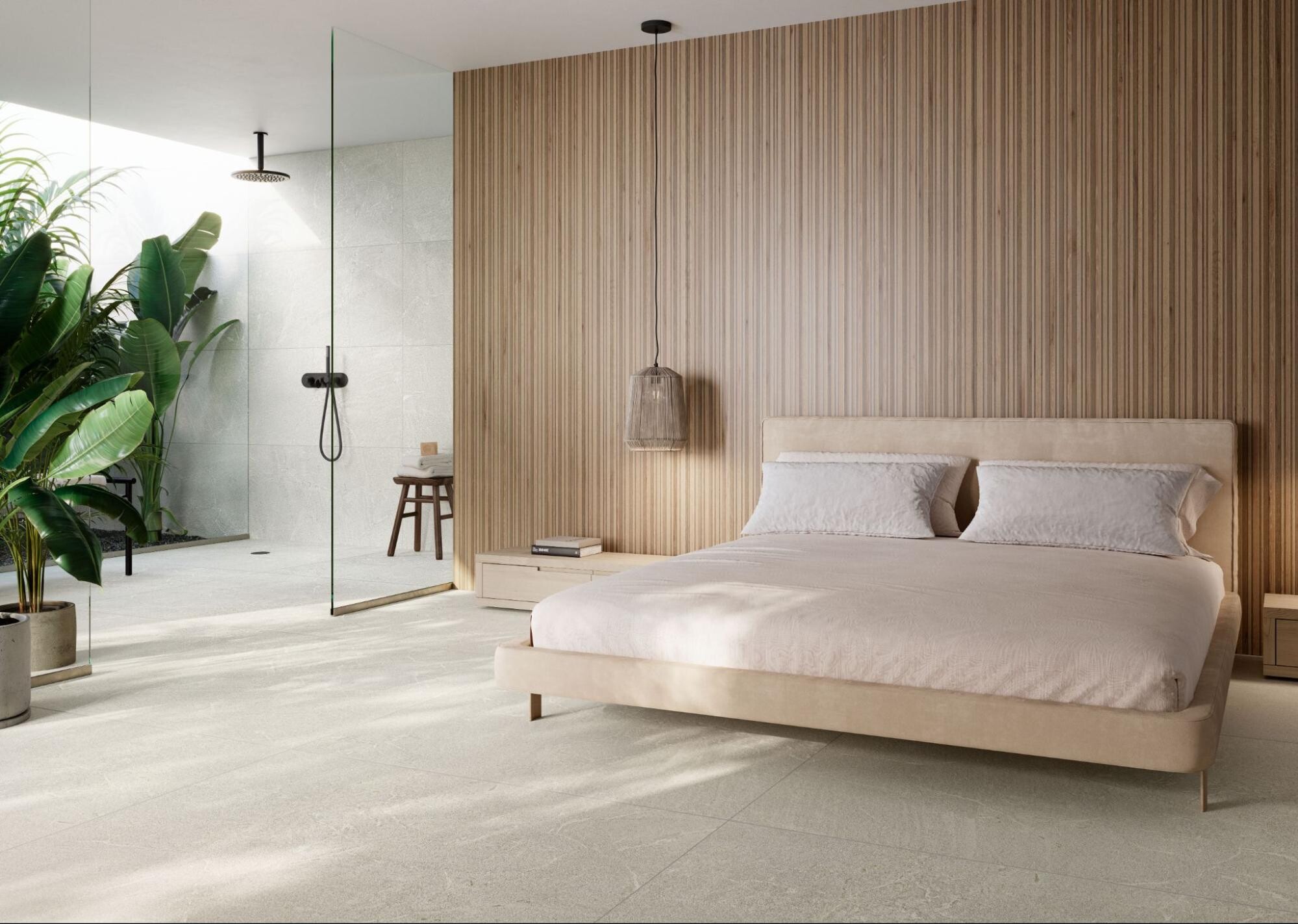Dormitorio minimalista con frente de lamas de madera y suelo porcel&aacute;nico claro