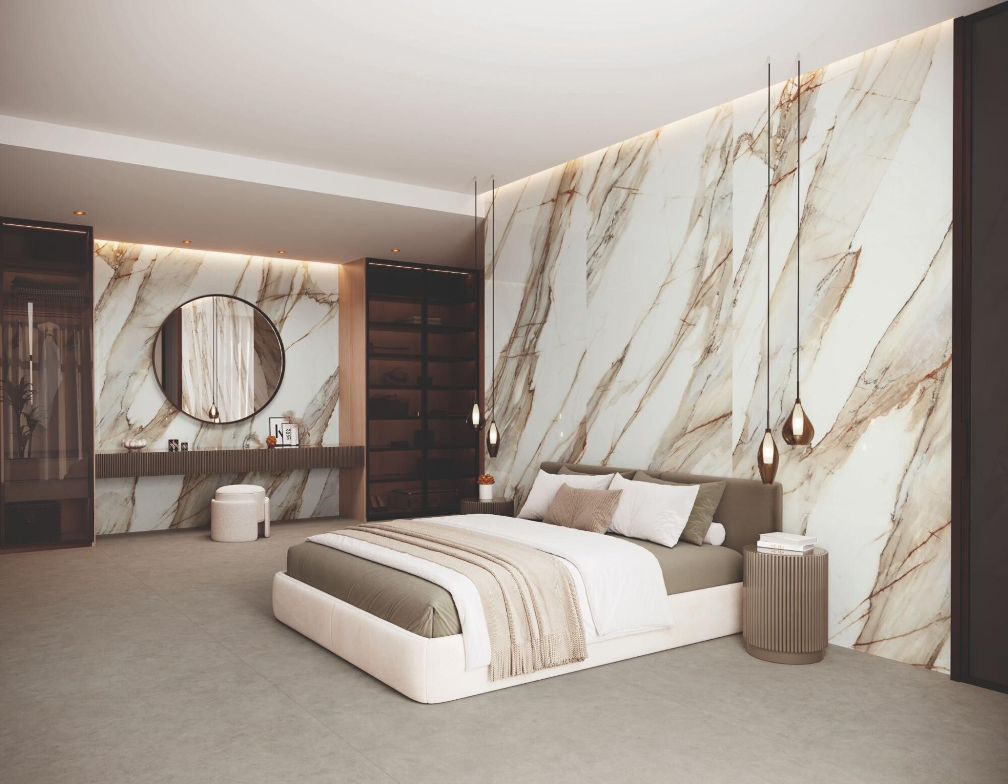 Pared del cabecero revestida con porcel&aacute;nico efecto m&aacute;rmol