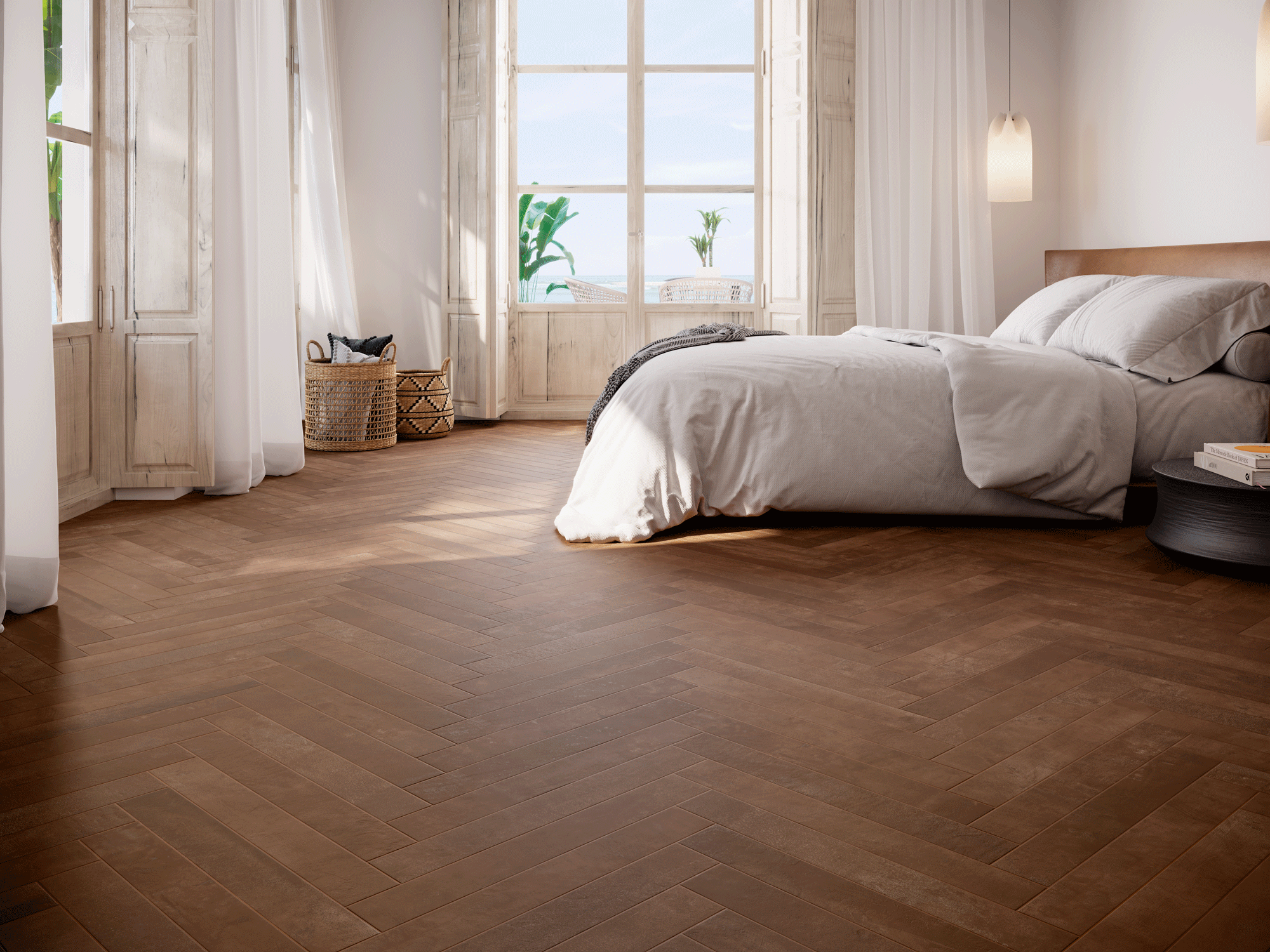 Dormitorio cl&aacute;sico renovado con suelo porcel&aacute;nico efecto madera en espiga