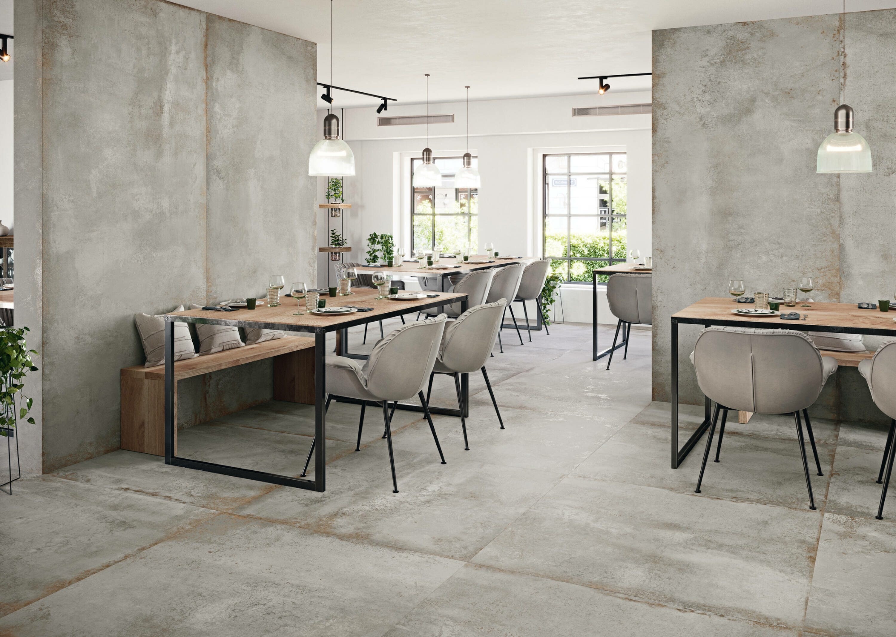 Suelo porcel&aacute;nico efecto cemento en tono gris